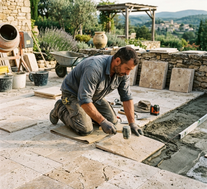 Pose de carrelage travertin avant à Hyères - Terrasse & extérieur
