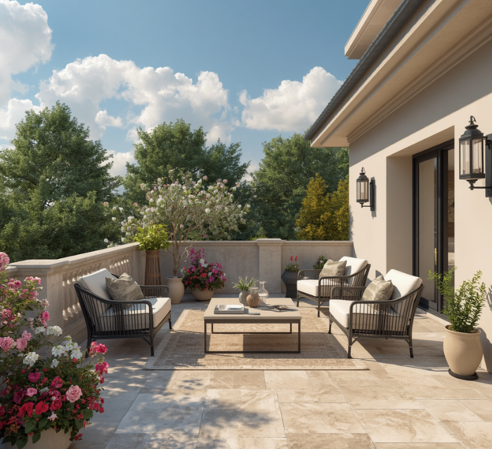 Terrasse exterieur en travertin opus à Hyères - Terrasse & extérieur